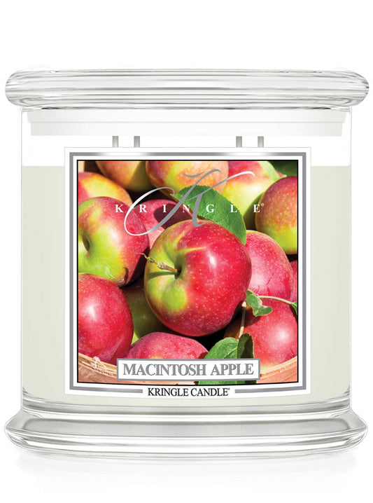 Kringle Candle Macintosh Apple scented candle with apple illustration on the label.