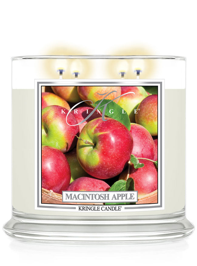 Kringle Candle Macintosh Apple scented candle with apple illustration on a white background