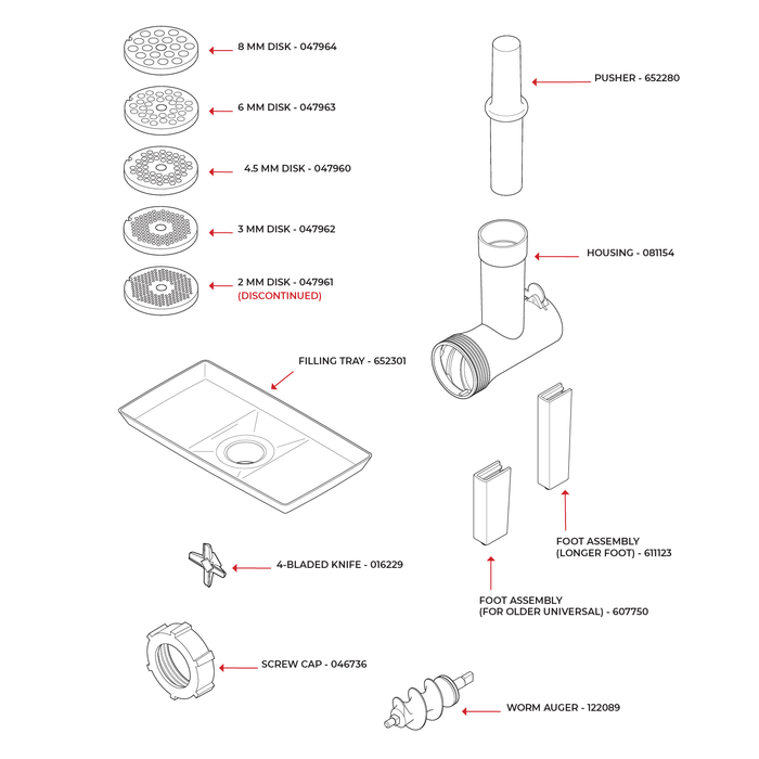 Technical illustration of a Bosch meat grinder attachment and all of its parts