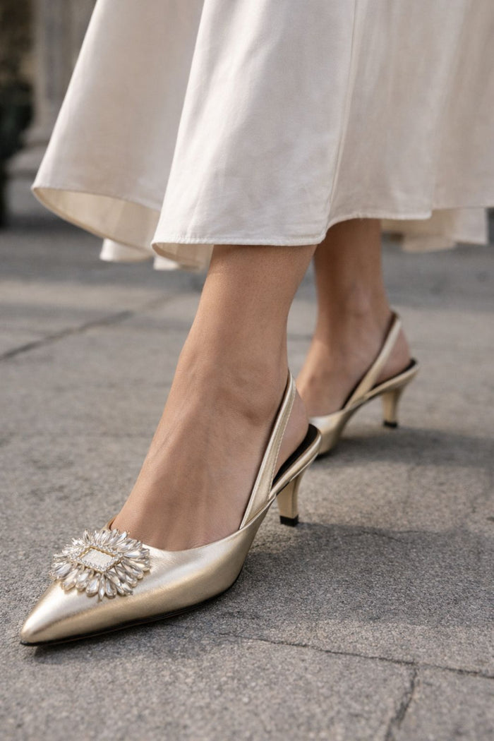 Metallic Jeweled Slingback Kitten Heels