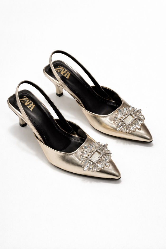 Metallic Jeweled Slingback Kitten Heels