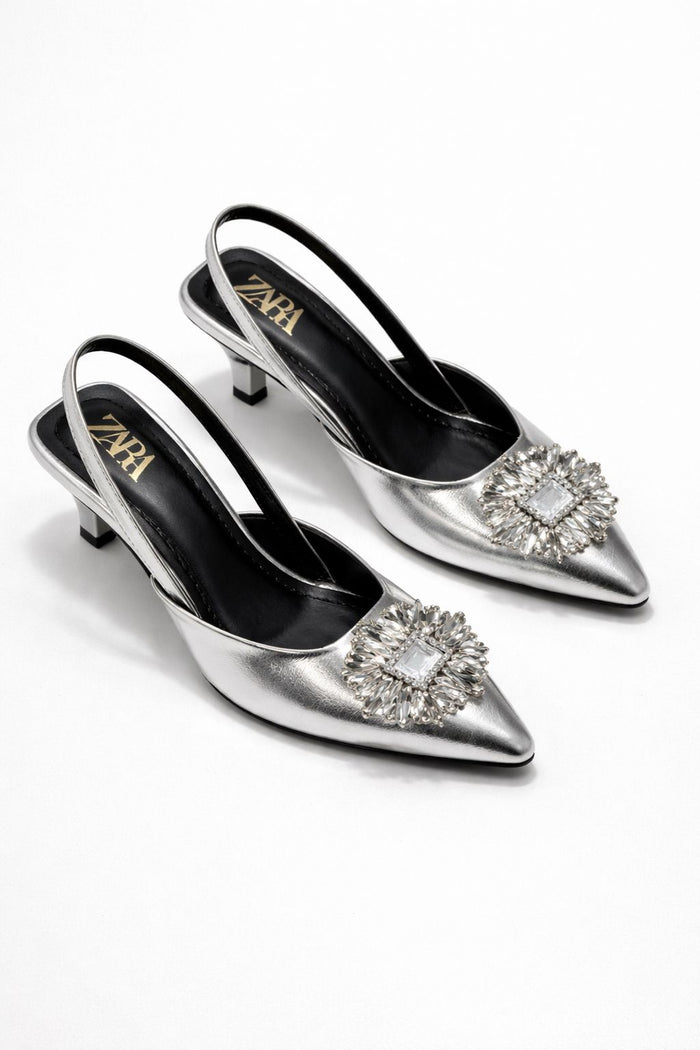 Metallic Jeweled Slingback Kitten Heels