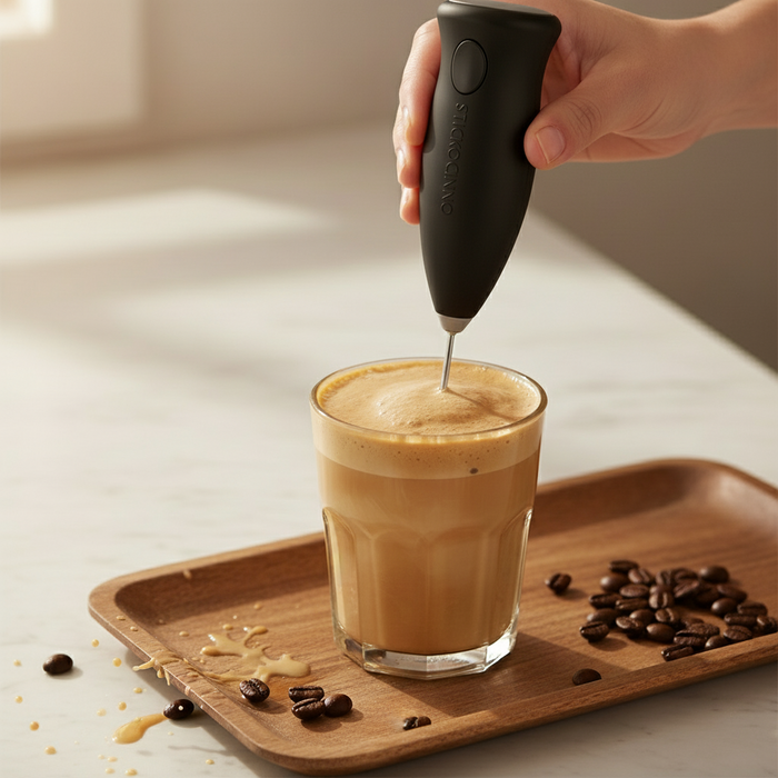 Hand using a milk frother to create foam in a glass of coffee on a wooden tray with scattered coffee beans.