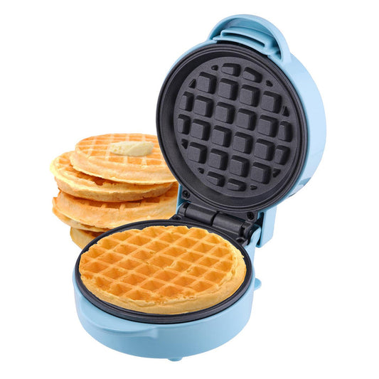 A blue mini waffle maker machine opened, displaying cooked waffles on its non-stick cooking plates. -  - Buy Now Home Mini Waffle Maker Machine
