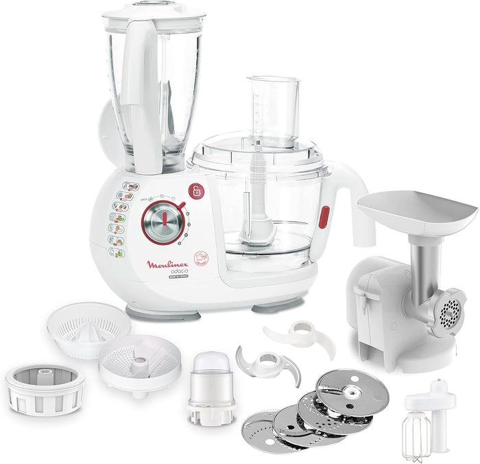 Moulinex food processor with various attachments laid out, predominantly white in color.