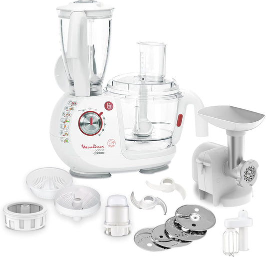 Moulinex food processor with various attachments laid out, predominantly white in color.