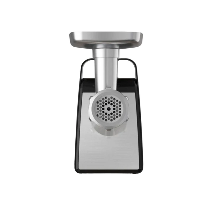 Stainless steel meat grinder on a white background