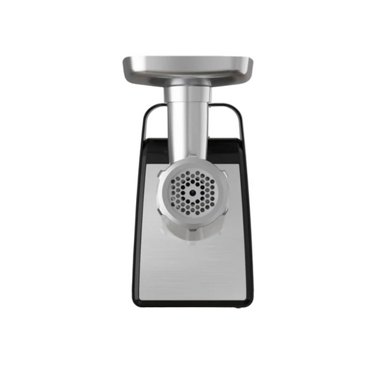 Stainless steel meat grinder on a white background