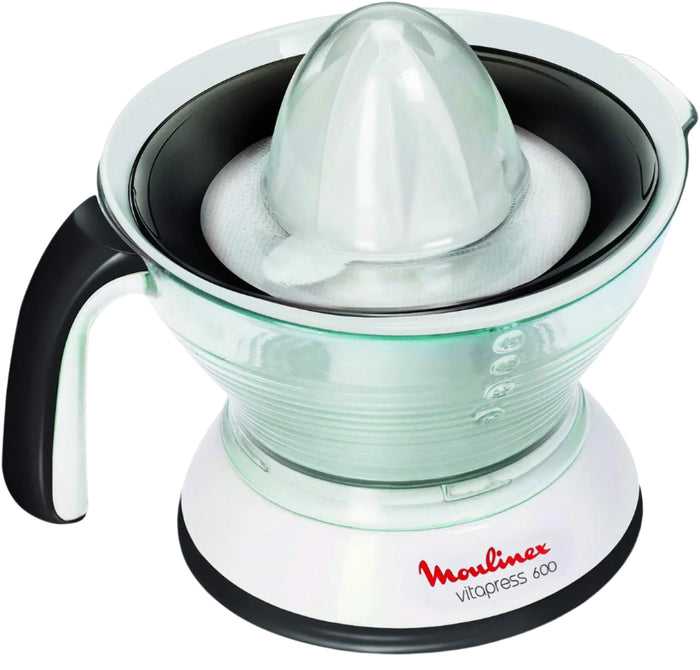 Moulinex Vita Press Juicer in white color with a clear juicing bowl and black accents on the handle and base.