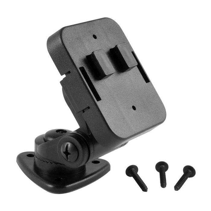The Multi-Angle Adhesive or Screw Mounting Pedestal - DualT-T Compatible features a black adjustable plastic wall mount bracket with a rectangular faceplate and two clips, shown with three black screws on a white background.