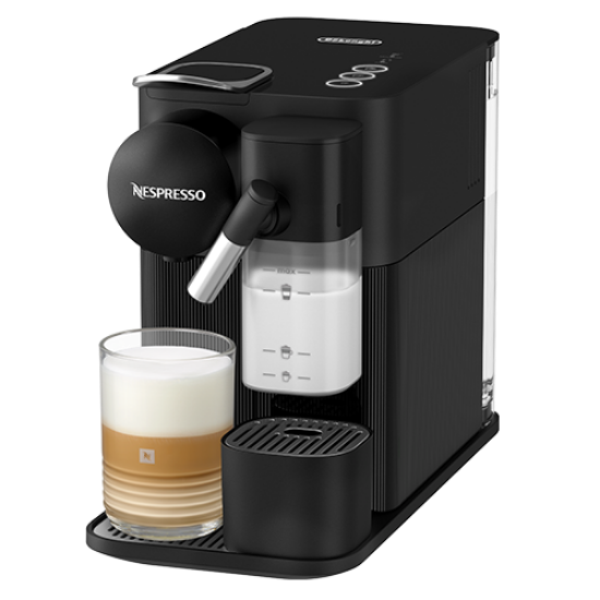 Black Nespresso coffee machine with a glass of coffee on a white background