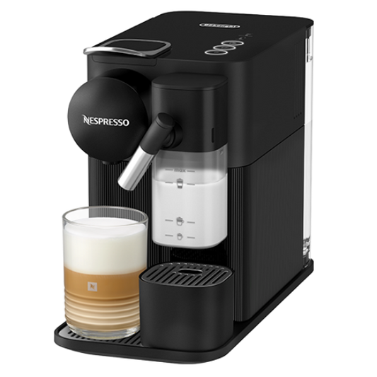Black Nespresso coffee machine with a glass of coffee on a white background