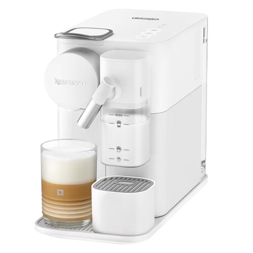 White Nespresso coffee machine with a glass of coffee on a white background