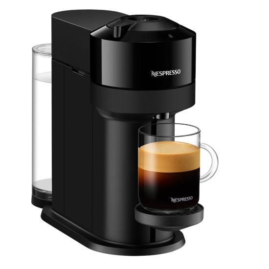 Black Nespresso coffee machine with a glass of espresso on a white background