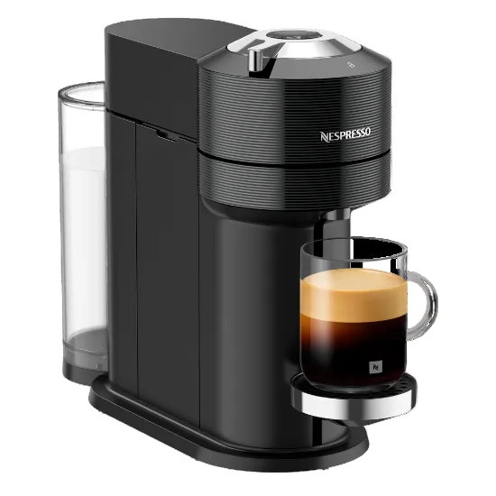 Nespresso coffee machine with a glass of espresso on a white background