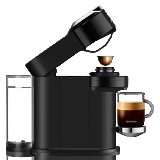 Black Nespresso coffee machine with a glass of coffee and a cup of coffee on a white background