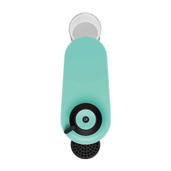 Teal and black device with a circular component on a white background