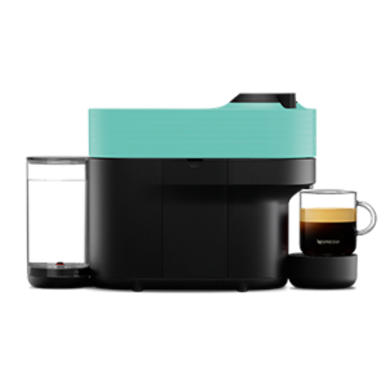 Turquoise and black coffee machine with a glass carafe and espresso cup on a white background