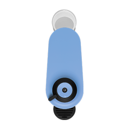 Blue and black device with a circular component on a white background