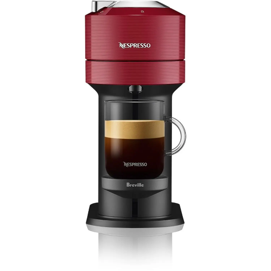 Red and black Nespresso coffee machine on a white background
