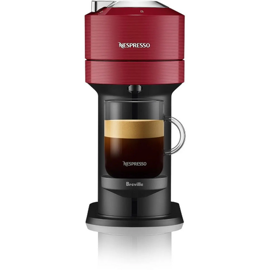Red and black Nespresso coffee machine on a white background