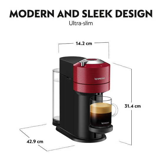 Nespresso coffee machine with dimensions labeled on a white background