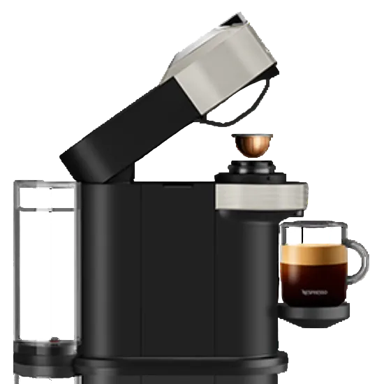 Nespresso coffee machine with a cup of coffee on a white background