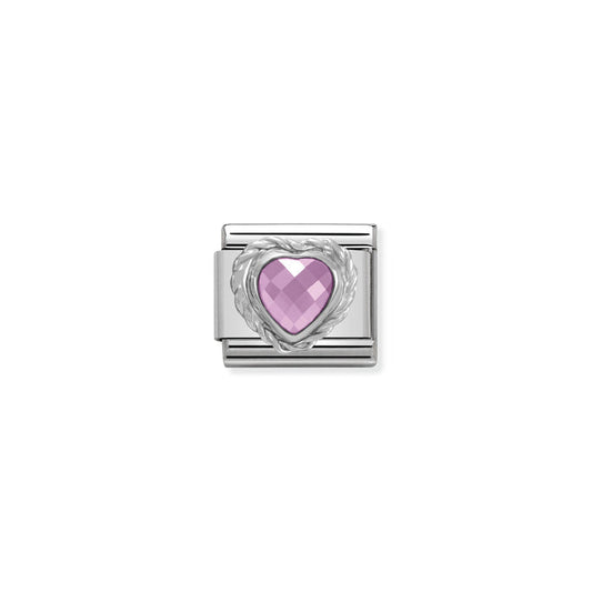 Nomination Classic Link Faceted Pink Cubic Zirconia Heart With Twisted Silver Charm