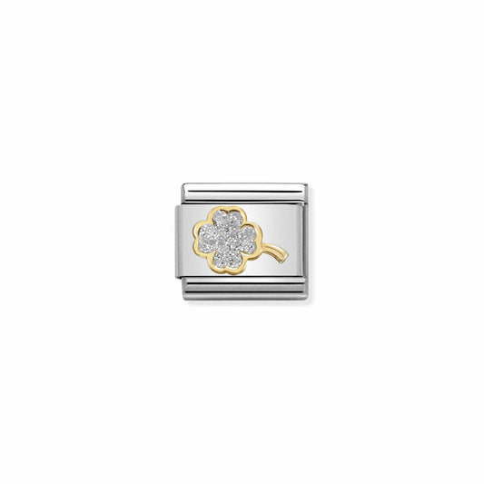 Nomination Classic Link Glitter Gold Charm - Silver Four Leaf Clover