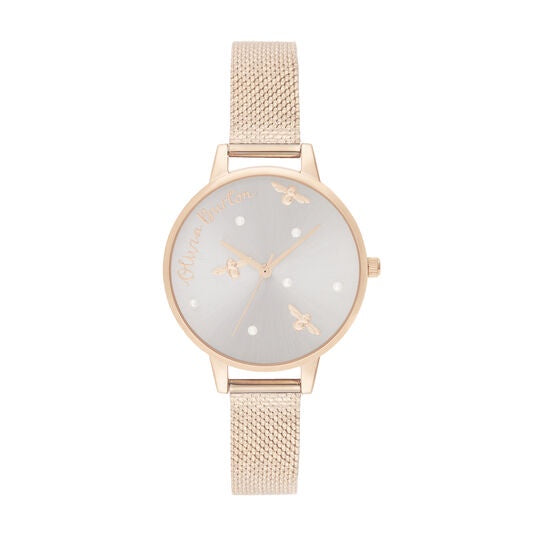 Olivia Burton Pearly Queen Pearl Detail Rose Gold Mesh Watch
