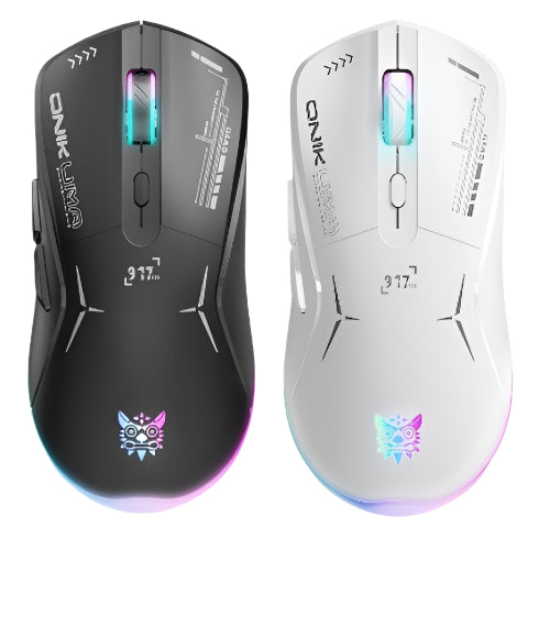 Two Onikuma wireless dual mode gaming mice, one in black and one in white, with RGB lighting on the buttons and sides.