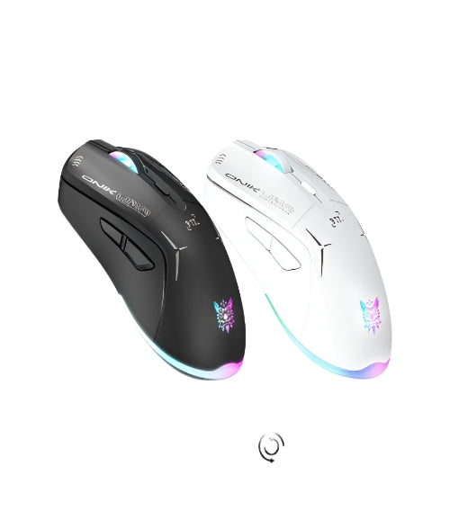 Two gaming mice, one black and one white, on a white background.