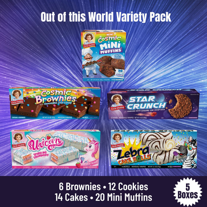Five boxes of Little Debbie snacks arranged beneath text that reads Out of this World Variety Pack.