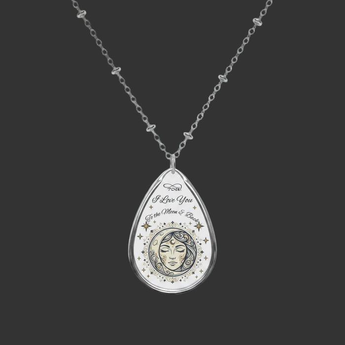 Oval Moon & Stars Engraved Necklace — "I Love You to the Moon & Back" Teardrop Pendant