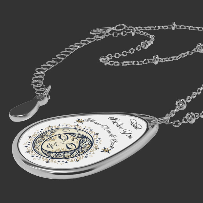Oval Moon & Stars Engraved Necklace — "I Love You to the Moon & Back" Teardrop Pendant