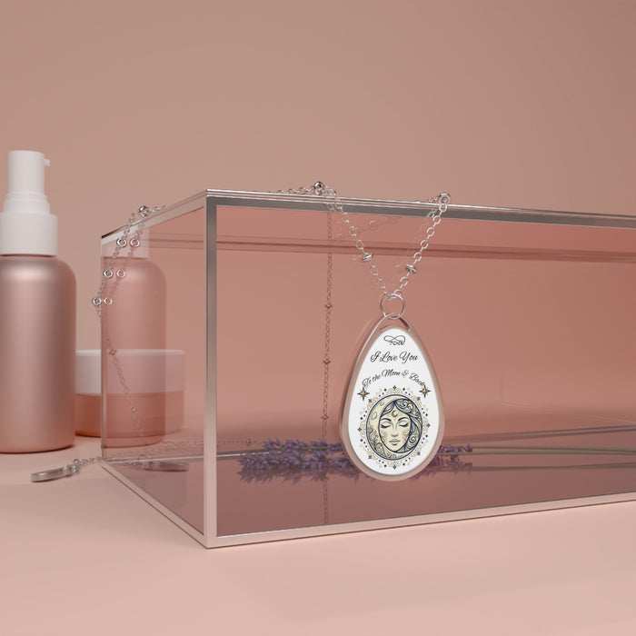 Oval Moon & Stars Engraved Necklace — "I Love You to the Moon & Back" Teardrop Pendant