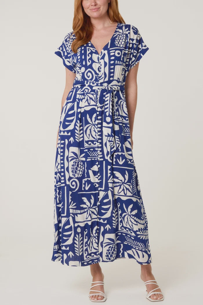 Palm Print Tie Waist Midi Dress