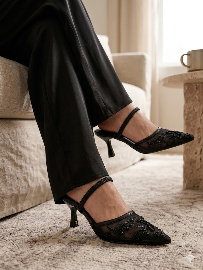 Pearl & Sequin Embellished Mesh Mules