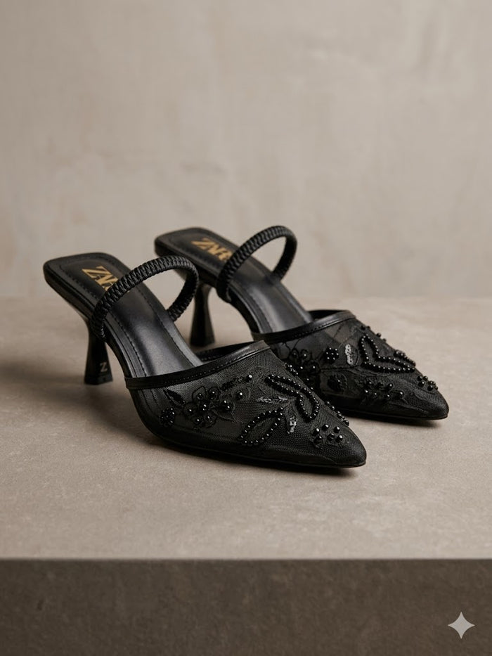 Pearl & Sequin Embellished Mesh Mules