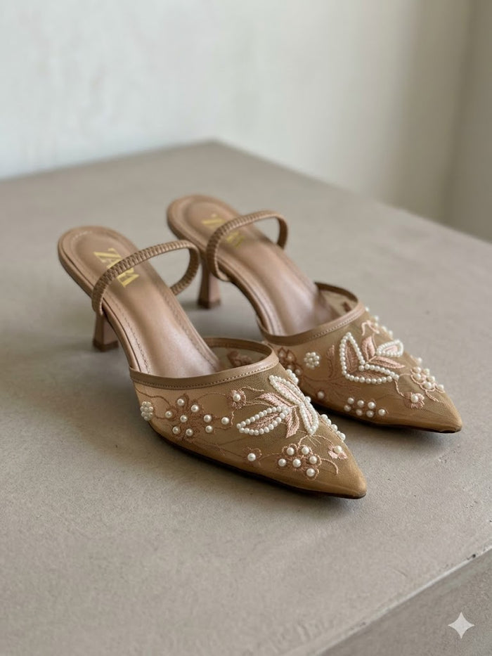 Pearl & Sequin Embellished Mesh Mules