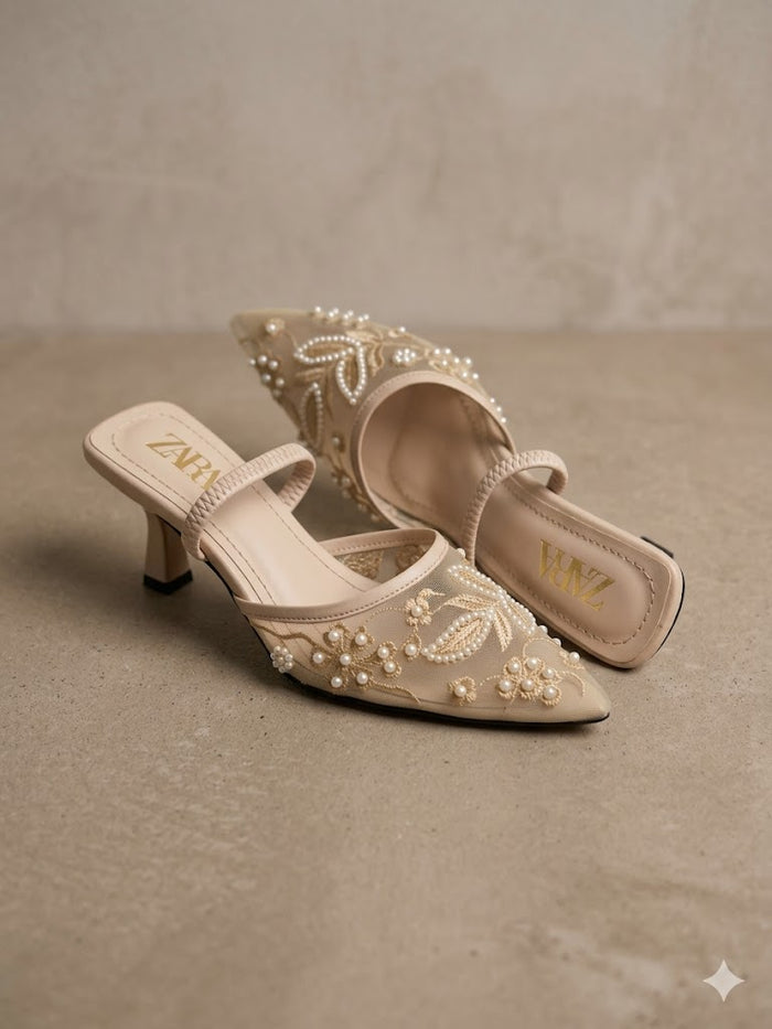 Pearl & Sequin Embellished Mesh Mules