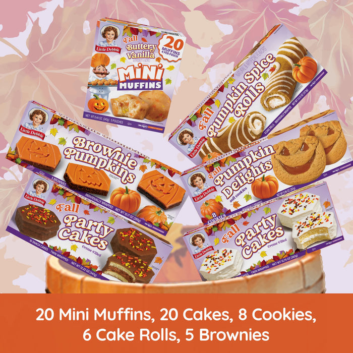 Little Debbie Pick of the Patch Bundle featuring six colorful fall-themed snack cartons: Pumpkin Delights, Pumpkin Spice Rolls, Brownie Pumpkins, Fall Party Cakes in chocolate and vanilla, and Fall Mini Muffins Buttery Vanilla. Set against an autumn backdrop with leaves and a basket, highlighting the seasonal variety inside.