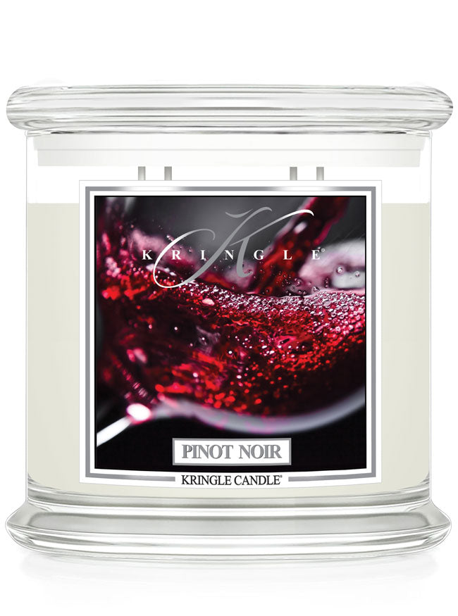 Kringle Candle Pinot Noir scented candle with a wine glass design on the label.