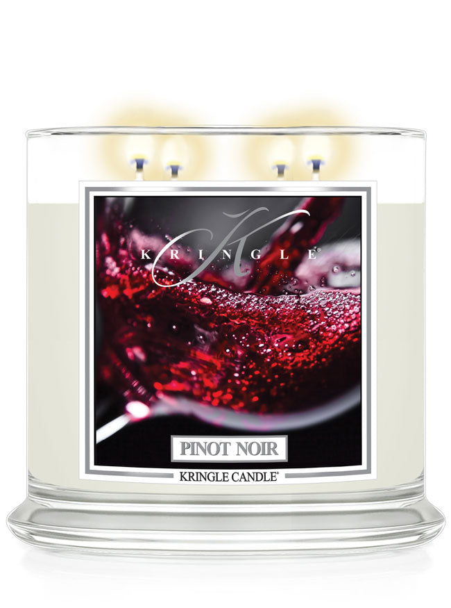 Kringle Candle Pinot Noir candle with a wine glass design on the label.