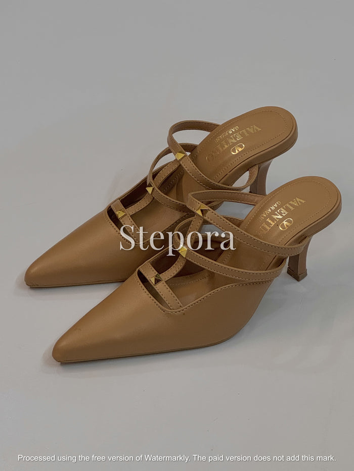 Pointed Toe Studded Multi-Strap Mules - Elegant Mid-Heel Pumps for Women