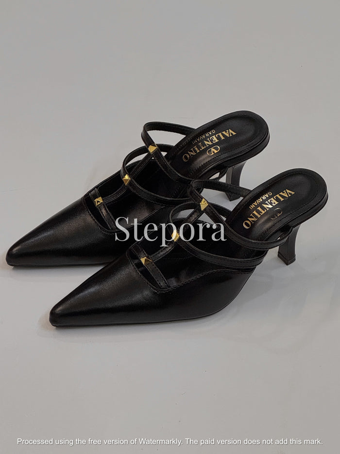 Pointed Toe Studded Multi-Strap Mules - Elegant Mid-Heel Pumps for Women