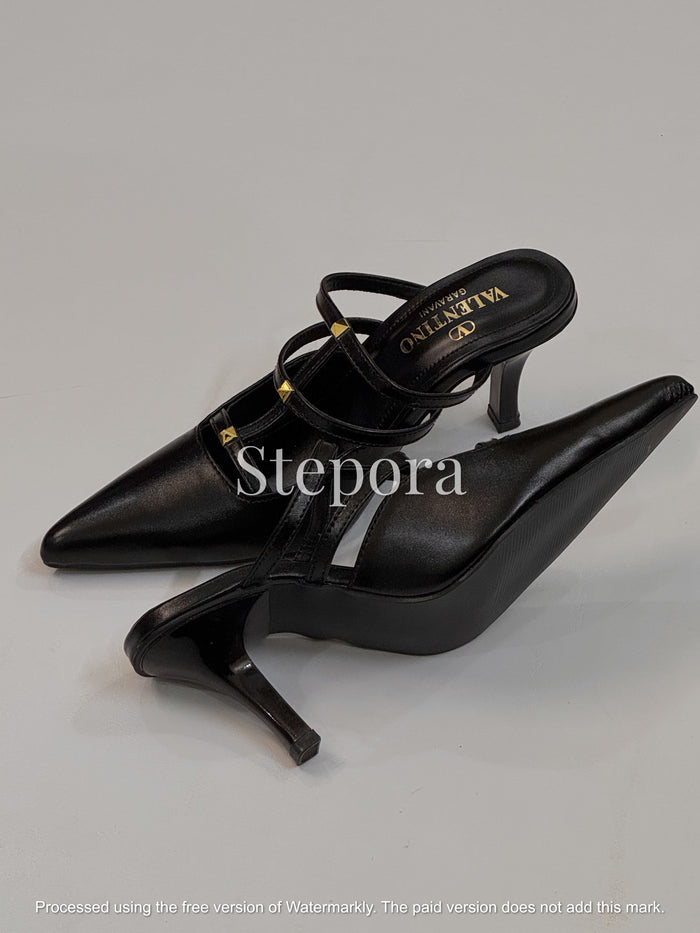 Pointed Toe Studded Multi-Strap Mules - Elegant Mid-Heel Pumps for Women