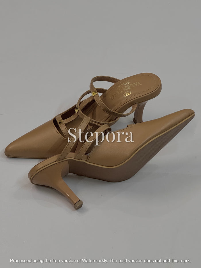 Pointed Toe Studded Multi-Strap Mules - Elegant Mid-Heel Pumps for Women