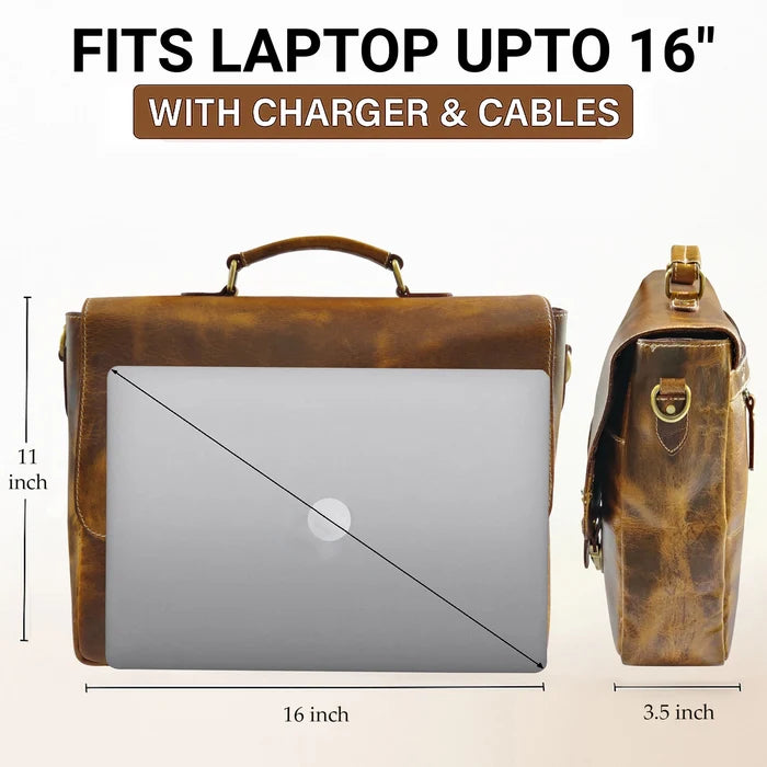 Predator 16" Leather Briefcase Laptop Messenger Bag (Antique Brown)