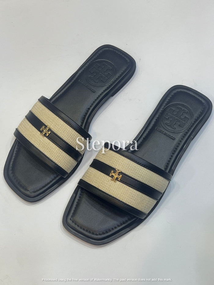 Premium Women's Canvas Slide Sandals – Elegant Square Toe Summer Flats in Tan & Black